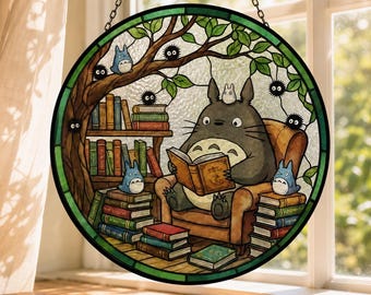 Totoro Stained Glass Suncatcher, My Neighbor Totoro Window Garden Decoration, Studio Ghibli Keepsake, Hanging Gift For Reading Lovers