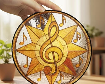 Muzikale glazen zonnevanger solsleutel – gebrandschilderd glas muziekdecor cadeau voor muziekleraren, pianodocenten en liefhebbers kamerornament
