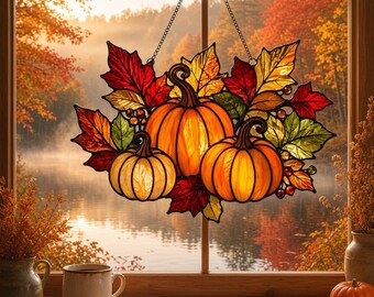 Glas-in-lood raamhanger in de vorm van een pompoenblad, herfstdecoratie voor aan het raam.