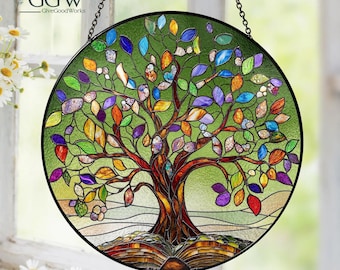 Levensboom GLAS Suncatcher hangend, levensboom lichtvanger raam hangend, levensboom glas, cadeau voor moeder, kleurrijke bladeren kunst