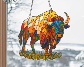 Bison acryl Suncatcher hangend bord, Bison raam hangend kunstdecor, Lone Bison decor, buffel decor, boer cadeau, boerderij Suncatcher