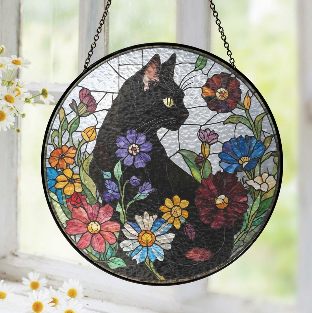 Black Cat Flowers Stained Glass Suncatcher With Stand – Cat Lover Gift ...