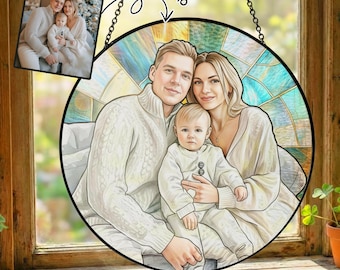 Gepersonaliseerde paarfoto glas-in-lood zonnevanger – custom familieportret raam hangend, huwelijksverjaardagscadeau en aandenken voor koppels