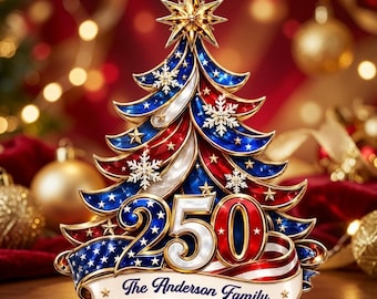 Gepersonaliseerd kerstornament ter ere van 250 jaar Amerika | Patriotisch familieornament, ornament met de Amerikaanse vlag, gepersonaliseerde familienaam, acryl kerstdecoratie