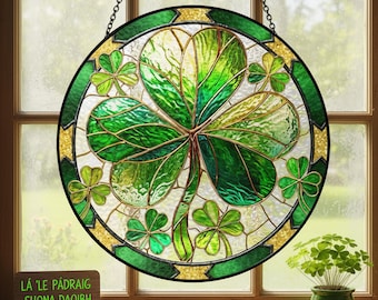 Shamrock glas-in-lood zonnevanger–groene klaver hangend raam, Irish Lucky Shamrock-decor voor St. Patrick's Day housewarmingcadeau familiehuis