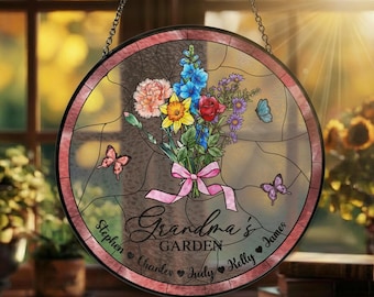 Gepersonaliseerde oma's tuin Suncatcher - aangepaste geboortemaand bloem glas-in-loodraam hangend, Moederdag oma cadeau van kleinkinderen