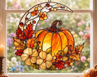 Harvest Moon Pumpkin Halloween Stained Glass Suncatcher, Autumn Maple Leaf Window Hanging Gift, Thanksgiving Cottagecore Wall Decor