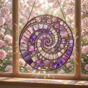 May include: A circular stained glass suncatcher featuring a spiral mosaic pattern in shades of purple, lavender, and clear glass. The design incorporates various glass textures, including smooth, iridescent, and shell-like pieces, suspended by a metal chain.