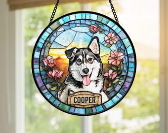 Personlig solfångare i målat glas för hundporträtt, solfångare i målat glas för husdjur, minnessak för förlust av hund, gåva för förlust av husdjur