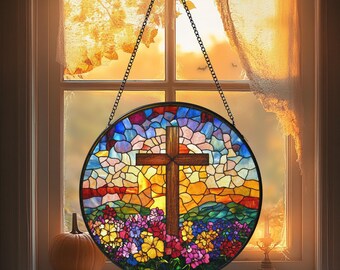Personalized Stained Glass Cross Wildflowers Suncatcher, Christmas Trees Stained Glass, Christian Glass Window Hanging, Religious Faith Gift