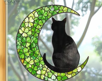 Black Cat Shamrock Suncatcher, St. Patrick's Day Suncatcher, Shamrock Moon Black Cat, Irish Cat Ornament, Lucky Black Cat, Irish Black Cat Decor