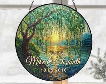 Gepersonaliseerde wilg cadeau 9e huwelijksverjaardag – aangepaste familienaam glas-in-lood zonnevanger, perfect kerst- en vakantiecadeau voor haar