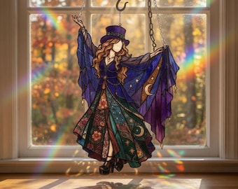 Fantasie heksen raamhanger, boho raamdecoratie van gebrandschilderd acryl