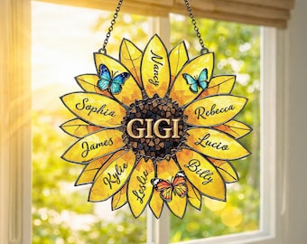 Personalized Sunflower Suncatcher, Custom Family Names, Stained Acrylic Window Art