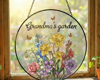 Aangepaste familie geboorte bloemen glas Suncatcher–Gepersonaliseerde oma cadeau van kleinkinderen, Nana's Garden glas-in-lood geboortemaand bloem aanwezig