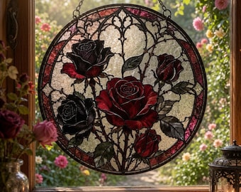 Gothic Rose Suncatcher, Black Red Rose Window Hanging for Goth Decor Lovers, Stained Glass Style Resin Gift