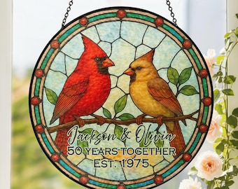 Love Birds Cardinal Stained Glass Suncatcher – Wedding 50th Anniversary Gift for Couples, Personalized Family Name Golden Decor