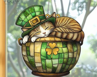 St. Patrick's Day kat acryl Suncatcher hangend, Saint Patrick's Day kattenliefhebber, kattenraam hangen, St Paddys Day Cat Mom cadeau, Iers decor