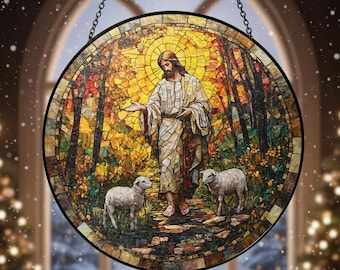 Jezus en lam gebrandschilderd glas hangend – kerstmis Jezus zonnevanger raamdecoratie, christelijk geloof muurkunst, bijbel kruis cadeau voor thuis