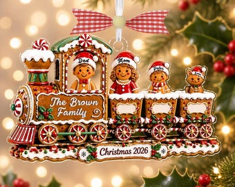 Kerstornament van een peperkoekfamilie op maat, kerstornament van treinkoekjes met het jaartal 2026, kerstcadeau voor het hele gezin, aandenken voor de feestdagen, kerstboomversiering.