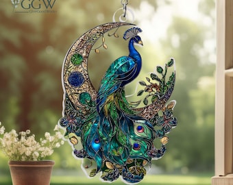 Peacock Crescent Moon Acrylic Suncatcher, Bird Lover Decor, Peacock Lovers, Peacock Suncatcher for Window Hanging, Acrylic Fantasy Ornament