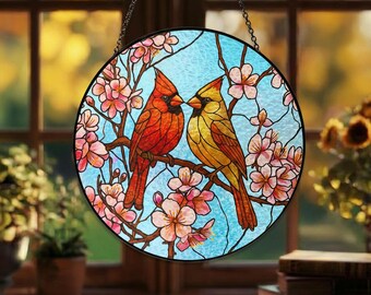 Kardinalen glazen zonnevanger – mooi kardinaal paar raam hangend, glas-in-lood vogel decor, herdenkingsjubileum cadeau voor moeder