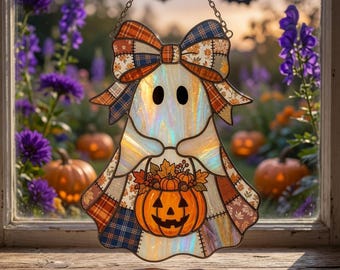 Patchwork spookvormige acryl raamhanger, Halloween spook raamdecoratie, pompoen raamhanger, herfst raamdecoratie cadeau, griezelig seizoen cadeau