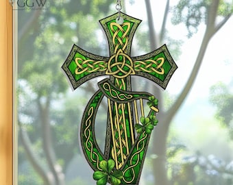 Keltisch kruis en harp acryl suncatcher hangend, Iers ornament, Ierland decor, St. Patrick's Day decoratie, klaver, Iers raam hangen