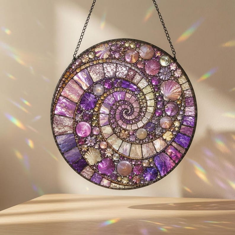 May include: A circular hanging suncatcher featuring a spiral mosaic design composed of various purple, lavender, and iridescent glass pieces, including small shell-like accents and round beads, suspended by a thin black metal chain.