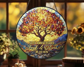 Gepersonaliseerd cadeau 50e huwelijksverjaardag – levensboom gebrandschilderd glas Suncatcher, gouden jubileum aandenken aangepast familiedecor