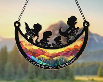 Custom Dinosaur Mom Suncatcher, Mom Birthday Gift, Gift From Kids, Dinosaur Family Gift, Window Hanging, Custom Mother’s Day Gift for Mom