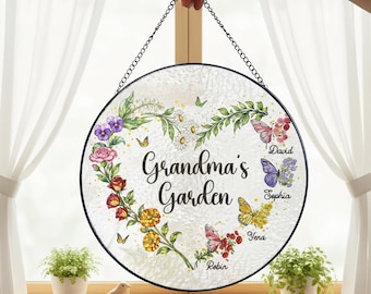 Gepersonaliseerde geboortemaand bloem glas-in-lood cadeau voor oma – aangepaste geboortebloemen met namen, Moederdagcadeau, familietuincadeau