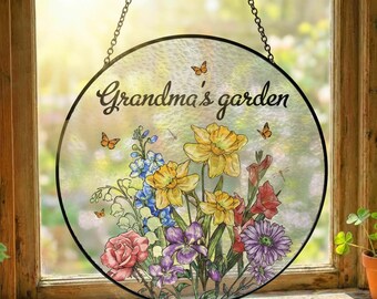 Gepersonaliseerde familie geboorte bloemen glazen zonnevanger – oma's tuin glas-in-loodkunst, geboortemaand cadeau van kleinkinderen Moederdag