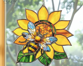 Honingbij suncatcher hangend, zonnebloem bij suncatcher ornament, imker geschenken suncatcher, zonnebloem, cadeaus voor bijenliefhebber, hommel decor