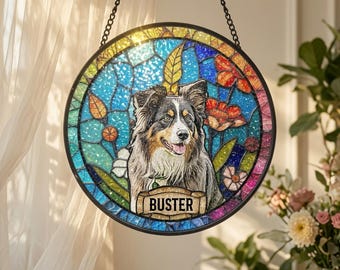 Gepersonaliseerde glas-in-lood raamhanger met hondenportret, op maat gemaakte glas-in-lood raamhanger met foto ter nagedachtenis aan uw huisdier, aandenken bij het verlies van een hond, cadeau bij het verlies van een huisdier