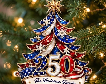 Gepersonaliseerd kerstornament ter ere van 250 jaar Amerika | Patriotisch familieornament, ornament met de Amerikaanse vlag, gepersonaliseerde familienaam, acryl kerstdecoratie