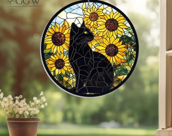Zonnebloem Black Cat Suncatcher ACRYL hangend bord, cadeau voor kattenliefhebbers, kattenliefhebbers, zonnebloem cadeau voor moeder, herdenkingscadeau, kattengedenkteken