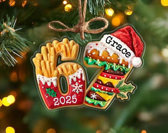 Custom Fries & Burger 6 7 Christmas Ornament, Kids Christmas Gift, Christmas Tree Decoration, Funny Six Seven Ornament, Food Ornament