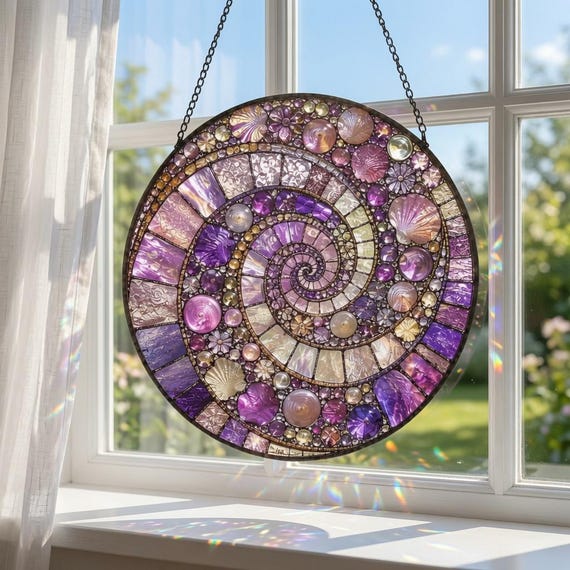 Lavender Spiral Suncatcher for Her, Purple Stained Glass Style Window Hanging