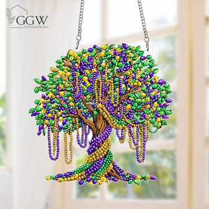 Mardi Gras Tree Acrylic Suncatcher, New Orleans, Louisiana Window Decor, Louisiana Mardi Grass Home Decor, Mardi Gras Beads Tree Ornament
