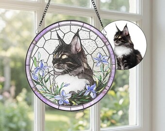 Herdenkingsgeschenk voor katten: glas-in-lood raamhanger, gepersonaliseerd huisdierportret van foto, troostgeschenk bij verlies van een huisdier, persoonlijk aandenken bij het verlies van een kat