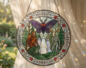 Mothman Stained Glass Suncatcher, Cryptid Window Hanging Decor, Mythical Creature Ornament, Gothic Paranormal Gift, Halloween Decor