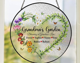 Aangepaste oma's tuin glas-in-lood zonnevanger – gepersonaliseerde bloemen geboortemaand met familienamen, perfect Moederdag- en kleinkinderencadeau
