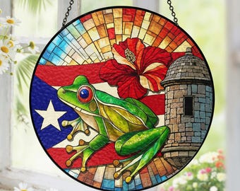 Puerto Rico Stained Glass Suncatcher – Tropical Island Home Decor, Unique Puerto Rican Gift, Housewarming Family Present Ornament