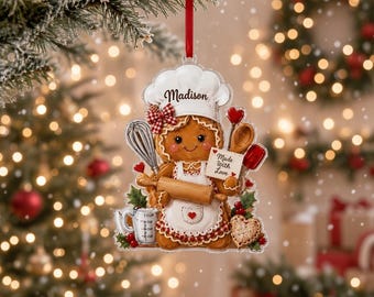 Gepersonaliseerd bakkersornament, kerstcadeau met eigen naam voor bakliefhebbers, peperkoekkokornament, acryl keukensouvenir