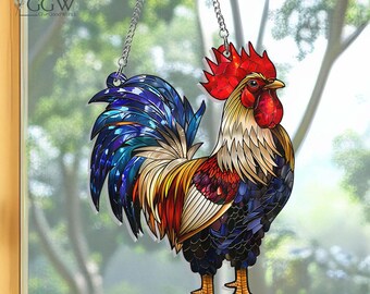 Letrero colgante atrapasol de gallo, adorno colgante de gallo para ventana, regalos para amantes de las gallinas, decoración rústica para amantes de las gallinas, adorno atrapasol de gallina