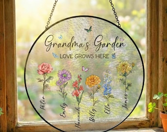 Aangepaste oma's tuin geboortemaand bloem Suncatcher – gepersonaliseerde familie geboorte bloemen raam hangend, Moederdagcadeau voor oma moeder