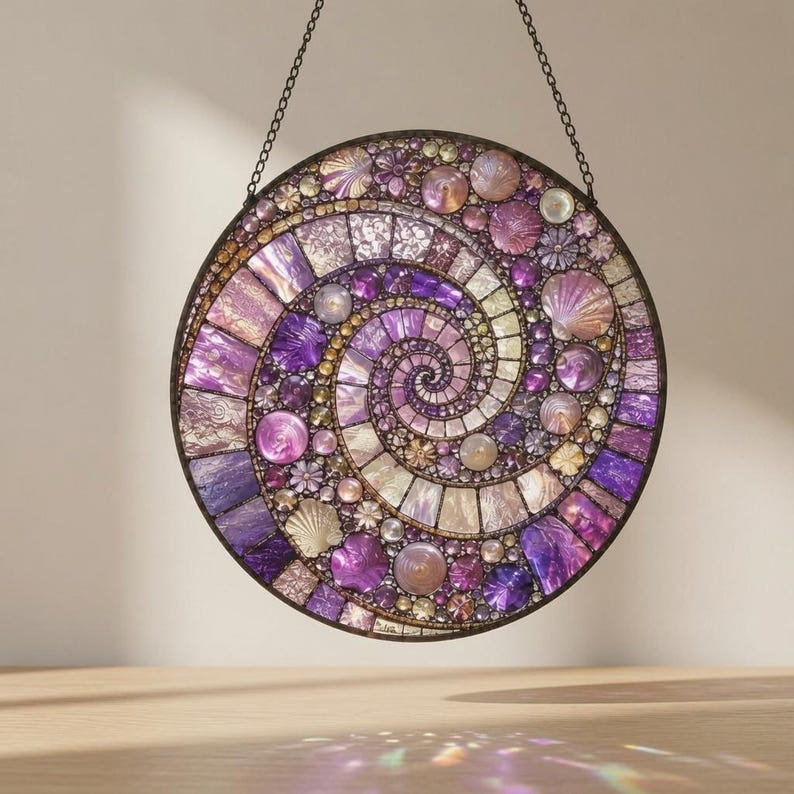 May include: A circular hanging suncatcher featuring a spiral mosaic design composed of various purple, lavender, and iridescent shell-like pieces. The artwork is framed in a dark metal border and suspended by a thin black chain for display.