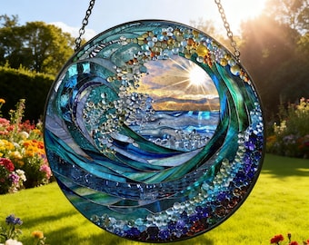 Havsvågsfärgat glas solfångare, strandkustglas solfångare handgjord, strandhusfönsterhängande havssolfångare present