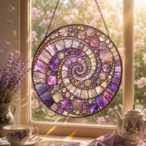 May include: A circular stained glass suncatcher featuring a spiral mosaic pattern in shades of purple, lavender, and clear glass. The design incorporates various glass textures, including smooth, iridescent, and shell-shaped pieces, suspended by a metal chain.